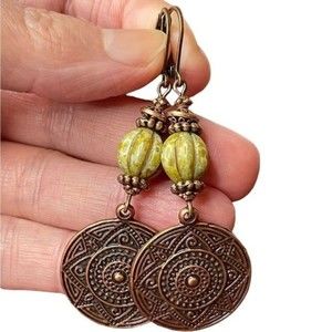 Hand Crafted Artisan Earrings Copper Pendant Earrings Green Earrings Boho # 183
